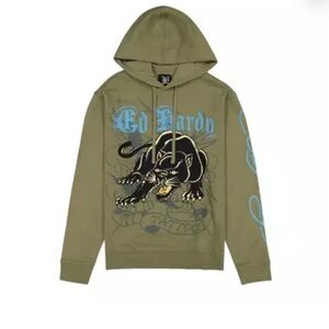 Ed Hardy Black Panther Graphic Olive Green Sweatshirt Hoodie Men’s Size Medium